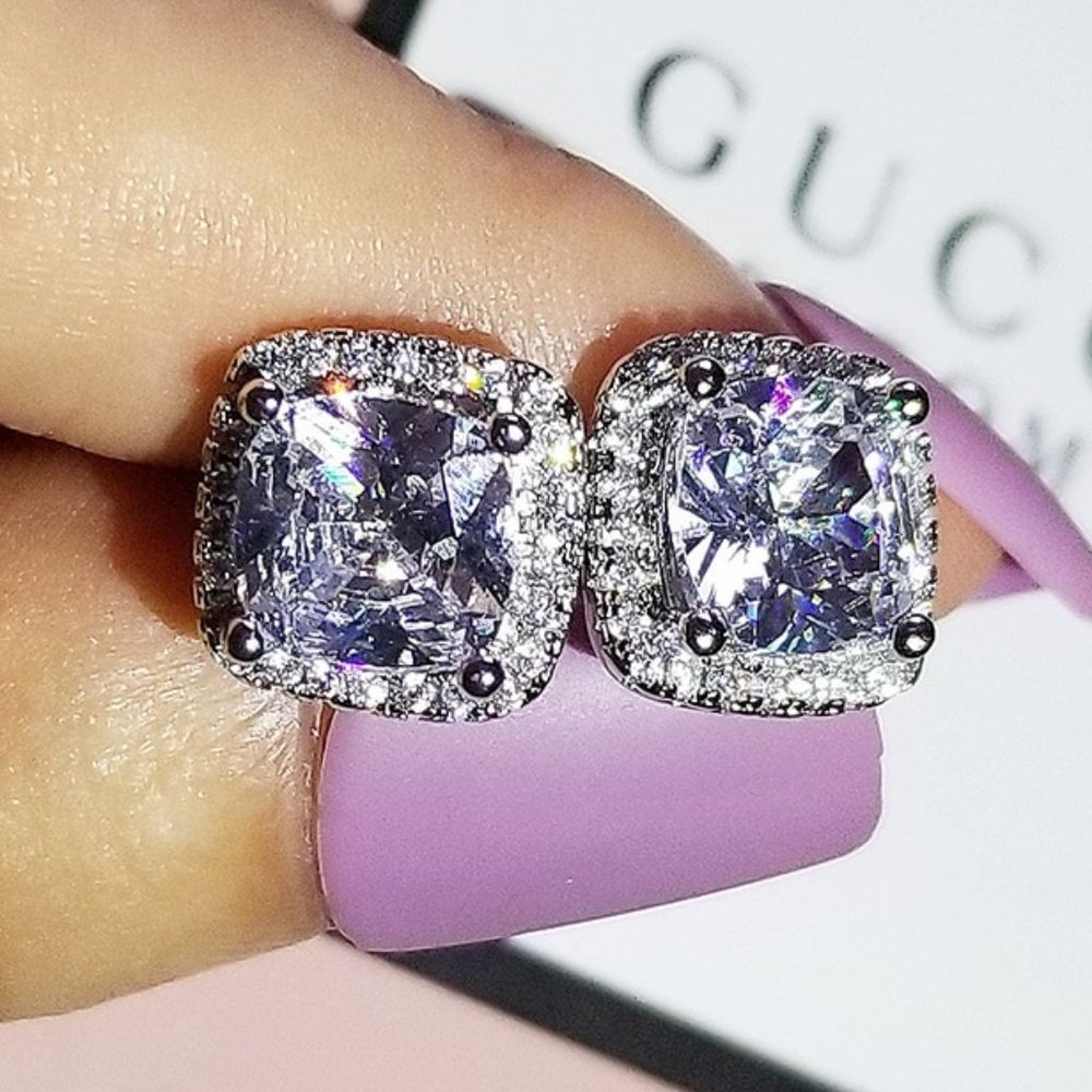 NEW Silver Cushion Diamond Halo Stud Earrings